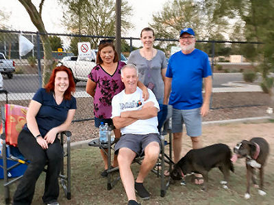 Image of off leash dog park with people and their dogs.