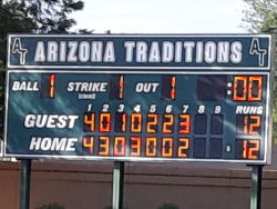 Photo of the scoreboard showing the Arizona Traditions ball scores